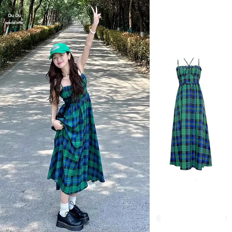 French suspender dress niche design retro waist-hugging long skirt women's summer