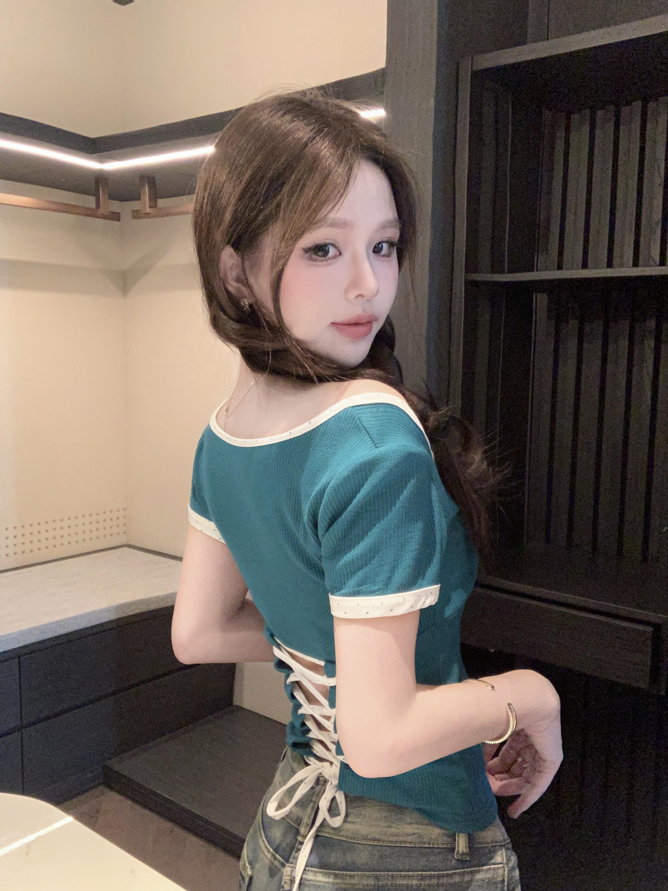 Real shot, back strap, short-sleeved T-shirt, summer contrasting color splicing design, short-sleeved top