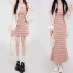 Rainbow suspender dress for women in summer new French niche design slim fit and slim hot girl short skirt suit