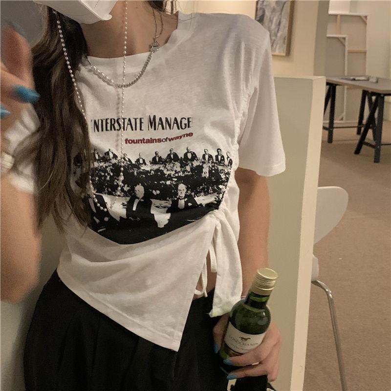 復古抽抽繩開叉正肩顯瘦短袖T恤女夏季2025新款酷甜上衣