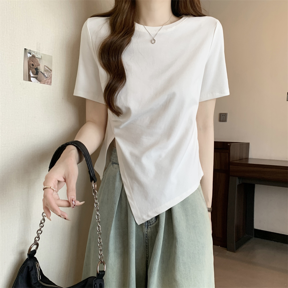 Real photo of new top 40 pure cotton 210g 92 cotton/8 spandex short-sleeved T-shirt for women solid color slit
