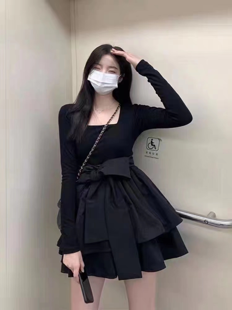 蝴蝶結可拆卸赫本風法式收腰針織連衣裙女2025春季新款蓬蓬裙