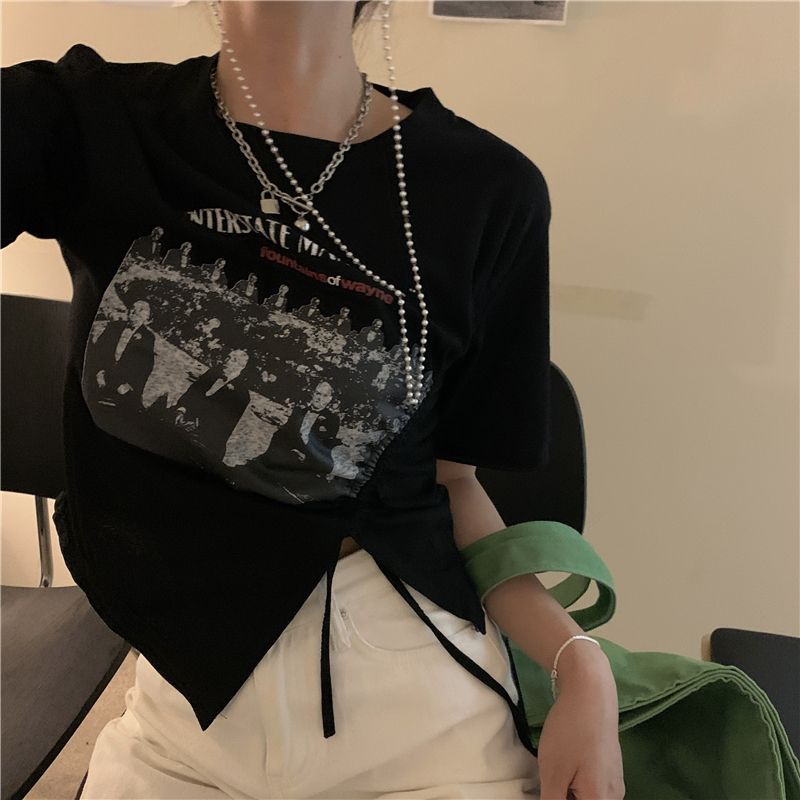 Threaded cotton retro chic drawstring slit front shoulder short-sleeved T-shirt for women's summer cool sweet top
