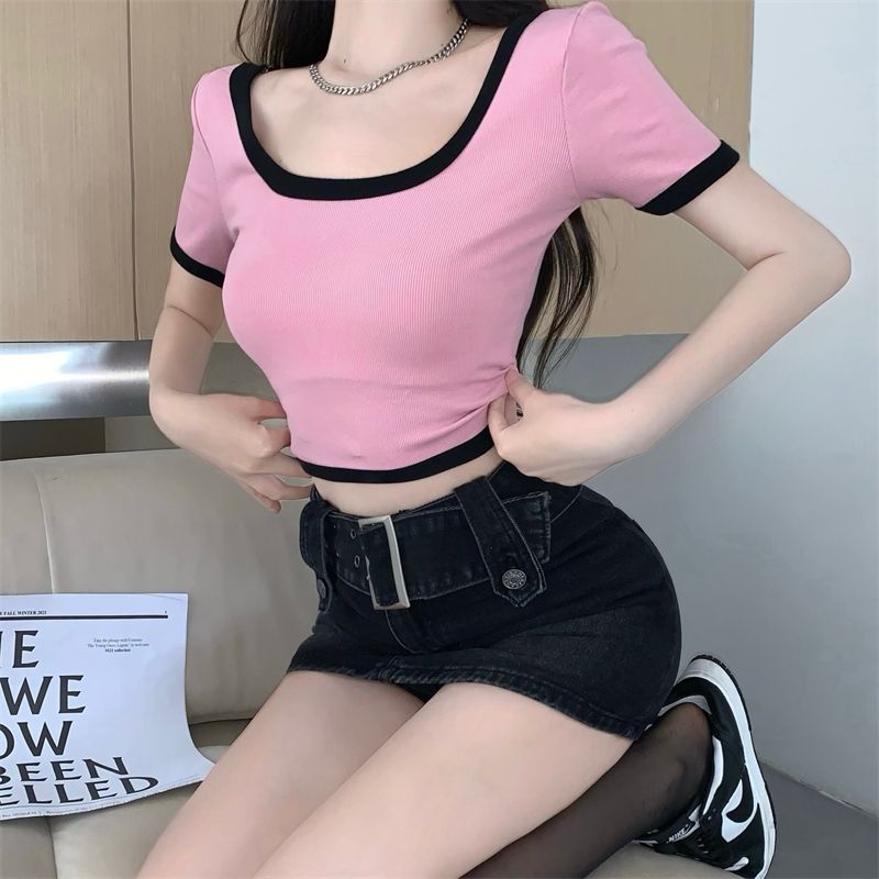 Ribbed U-neck pink short-sleeved T-shirt for women's niche chic short top