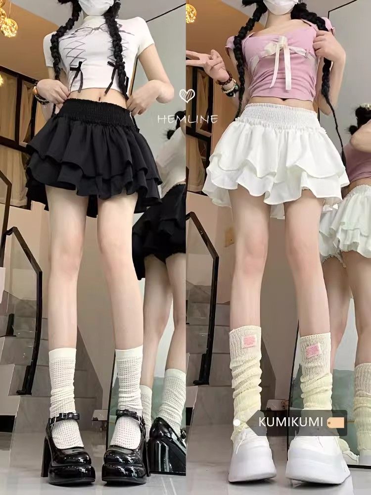 Boutique Seoul slant + fully elastic waistband ruffle edge A-line puffy skirt skirt spring summer short skirt autumn and winter