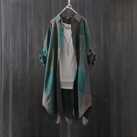 Cross-border foreign trade thin jacket cotton linen plaid shirt women's spring and autumn loose thin medium-length Southeast Asian shirt