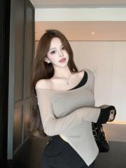 Real shot of sexy pure and fake two-piece design-sensual base shirt irregular slim long-sleeved T-shirt top