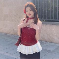 撞色拼接波點吊帶背心女上衣春顯瘦純欲內搭外穿蝴蝶結背心