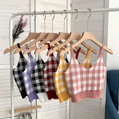 格子V領背心上衣女春夏新款收短款內搭打底衫吊帶