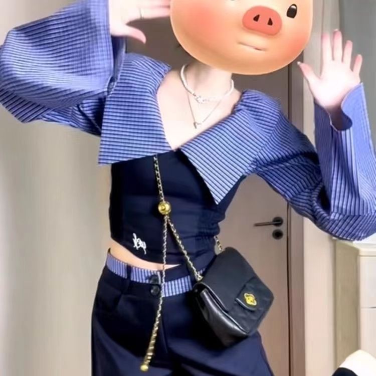 復古撞色一字肩條紋拼接長袖襯衫女春季學院風休閒闊腿褲兩件套裝