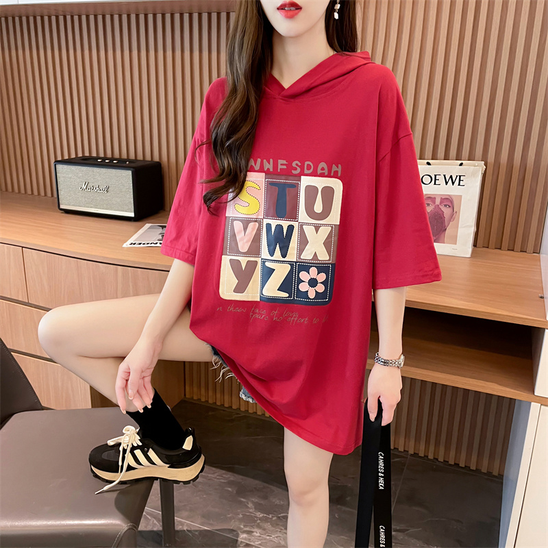 Real-life quality/pure cotton/rear collar/loose large size hooded printed top T-shirt