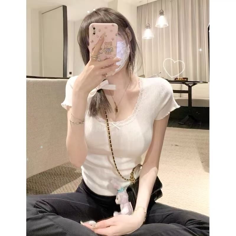 原版面料純欲甜美蕾絲修身顯瘦正肩短款內搭短袖T恤上衣ins