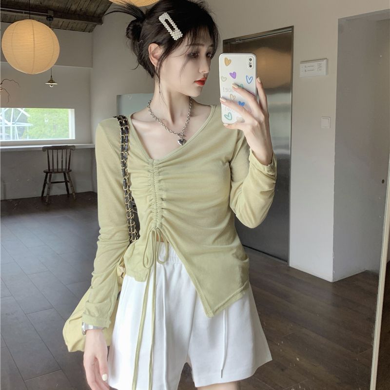 Tennis fabric Hong Kong flavor pure desire V-neck sun protection long-sleeved women summer sexy hot girl temperament slim body clothes