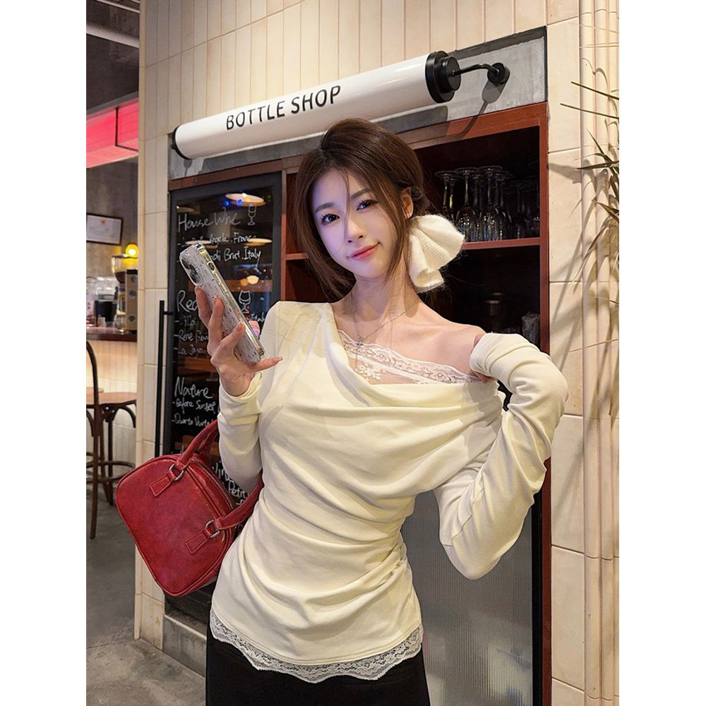 Lace lace long-sleeved T-shirt for women 2025 early spring new pure slanted shoulders slimming inner bottoming shirt top