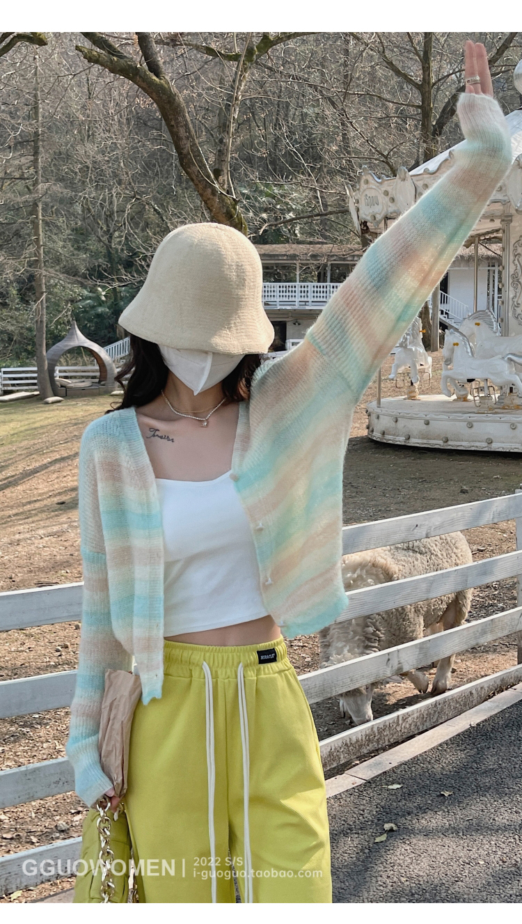 GUOGUOWOMEN果果家 短款條紋針織防曬衫女夏長袖薄款寬鬆開衫上衣