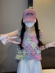 夏季新款復古鏤空彩色漸變設計感無袖背心馬甲罩衫