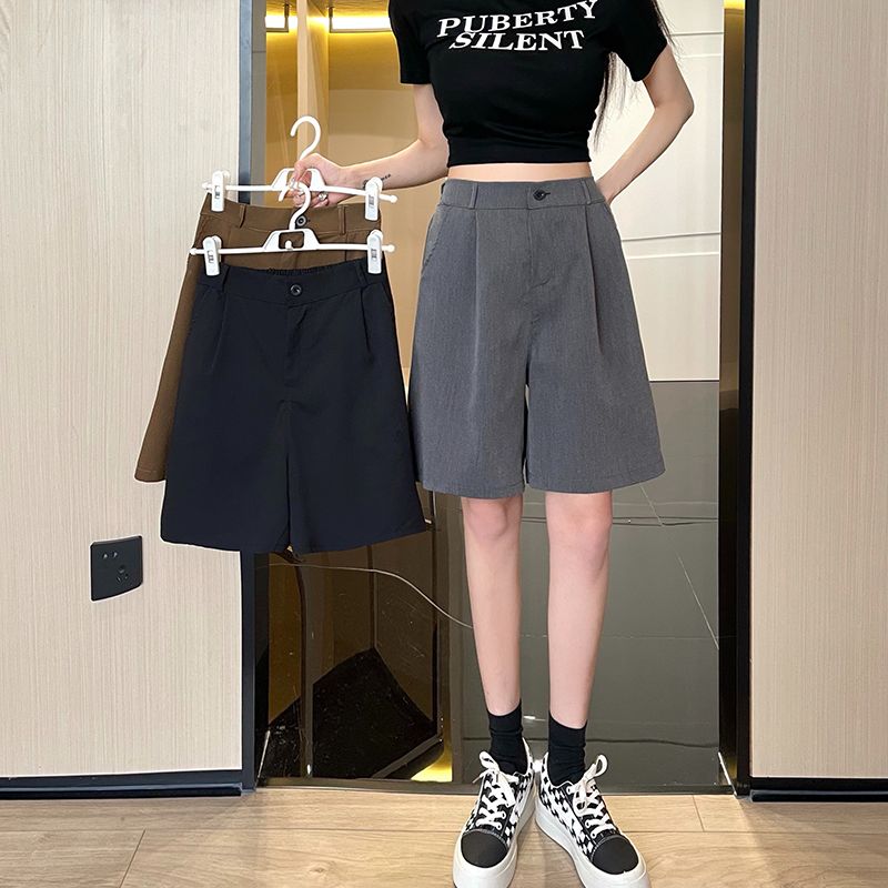 TR西料西裝五分褲女夏新款寬鬆高腰休閒中褲闊腿短褲