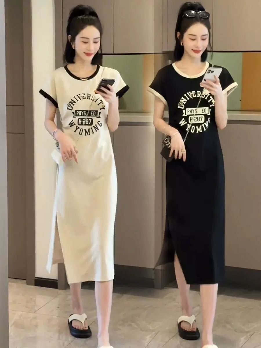 2025 summer new style fashionable casual and fashionable versatile slim letter printing short-sleeved T-shirt slit dress for women