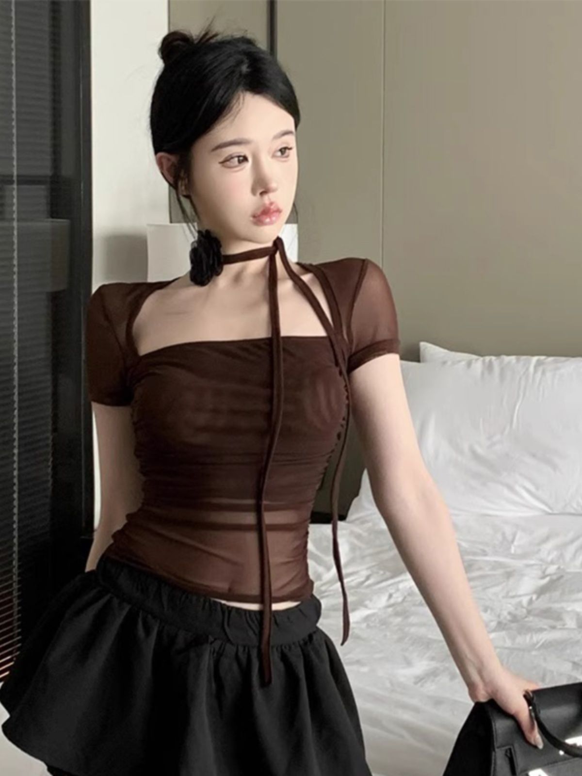 Summer pure mesh gauze square collar wrinkled short-sleeved T-shirt feminine sweet and spicy neck flower decoration slim short top