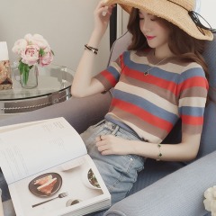 秋裝新款韓范百搭彩色條紋冰絲t恤女短袖圓領薄款針織衫上
