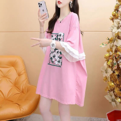 Pure cotton/back collar/medium-length lace splicing design loose short-sleeved T-shirt