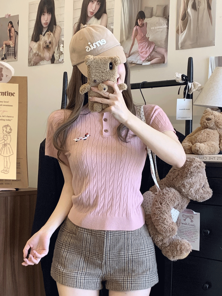 粉色小狗刺繡圓領麻花針織短袖t恤女春夏設計感修身顯瘦短款上衣