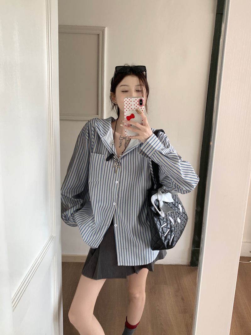 實拍韓系復古慵懶豎條紋連帽襯衫女2025春季百搭寬鬆長袖上衣防曬