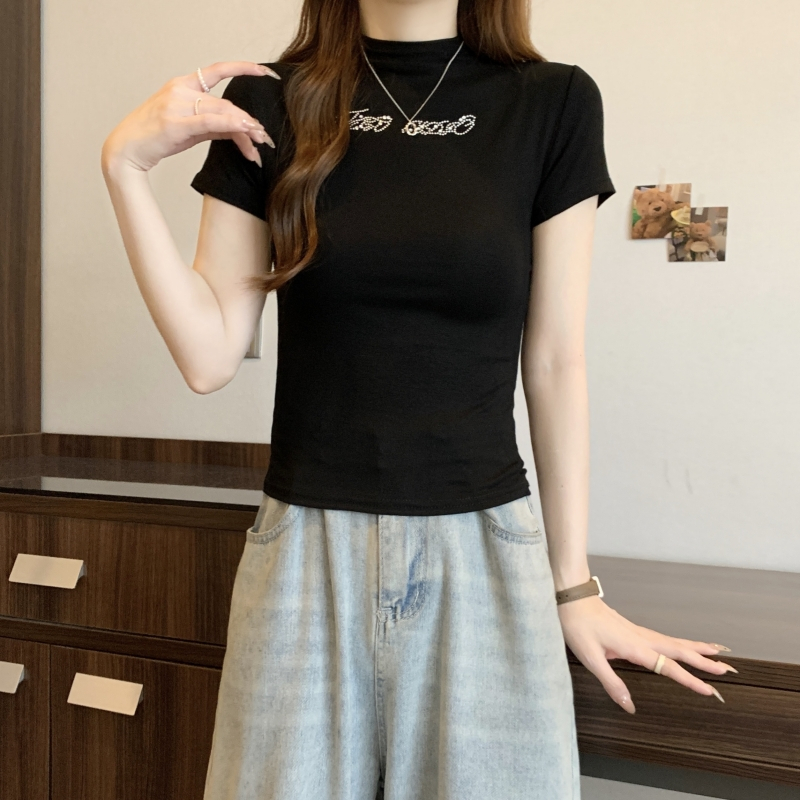 燙鑽舒適彈力莫代爾基礎短袖百搭小圓領修身收腰T恤