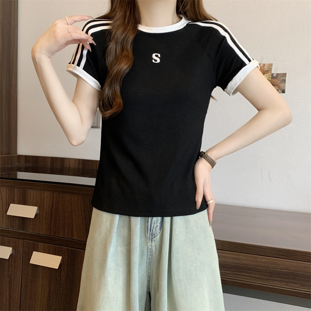 實拍 40支純棉210克92棉/8氨綸三條槓短袖T恤女立體S
