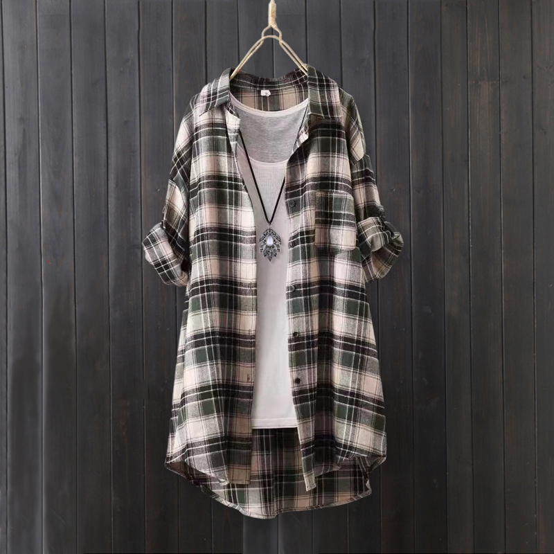 Cross-border foreign trade plaid shirt for women mid-length loose large-size sunscreen shirt thin coat cotton linen top