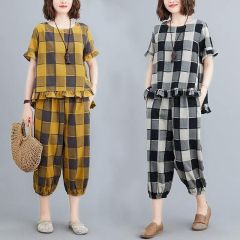 Set of imitation cotton 2025 summer new style plaid large size women's casual fashion suit tops and pants two-piece set