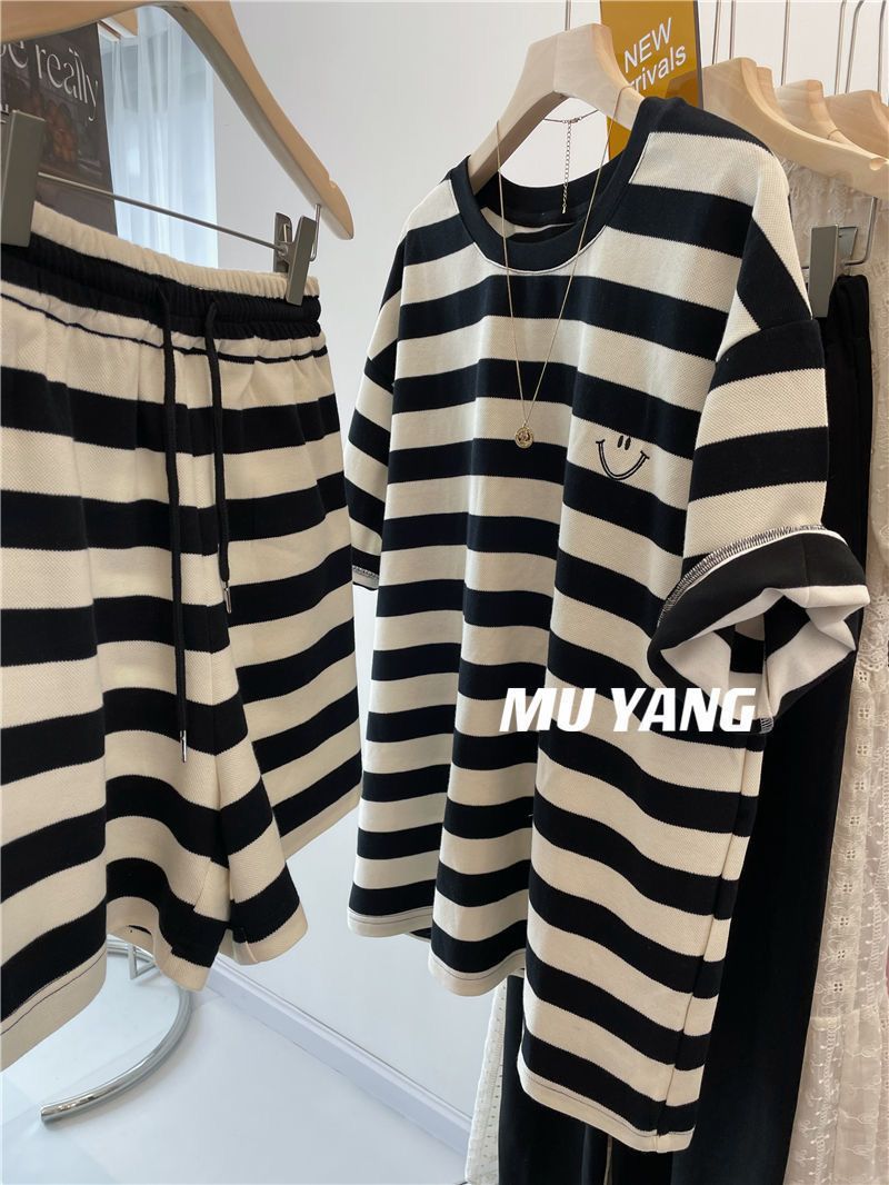 New casual summer embroidered loose striped short-sleeved T-shirt + wide-leg shorts two-piece set