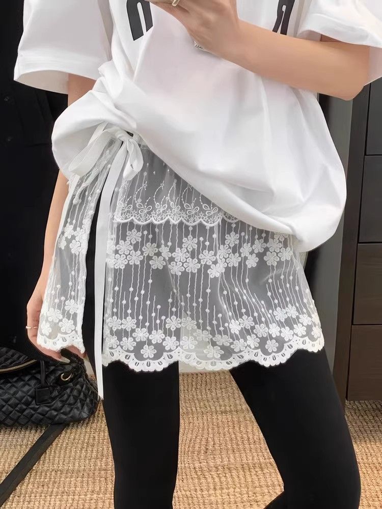 白色網紗蕾絲蝴蝶結系帶屁簾半身裙女早春穿搭下擺遮臀疊穿短裙子