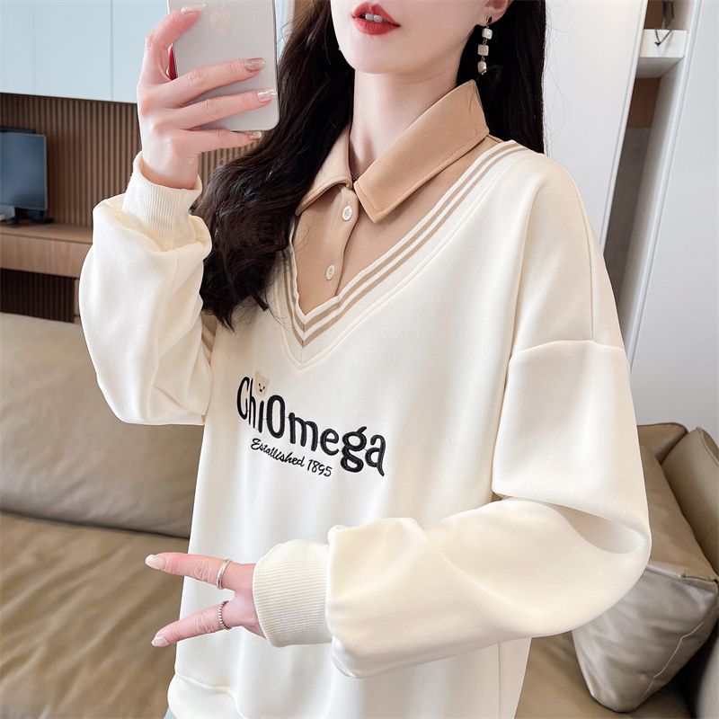 Real shot of 2025 spring new Korean version of POLO collar splicing contrasting color tie loose sweatshirt female student trend