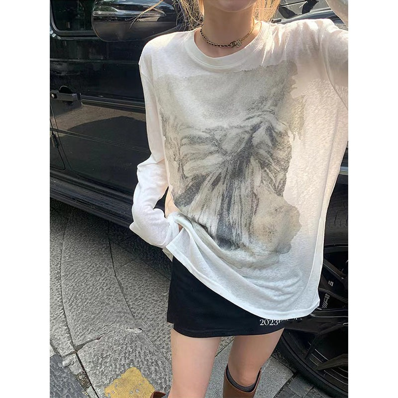 竹節螺紋 美式高街白色塗鴉印花早秋長袖t恤女夏薄款防曬罩衫上衣