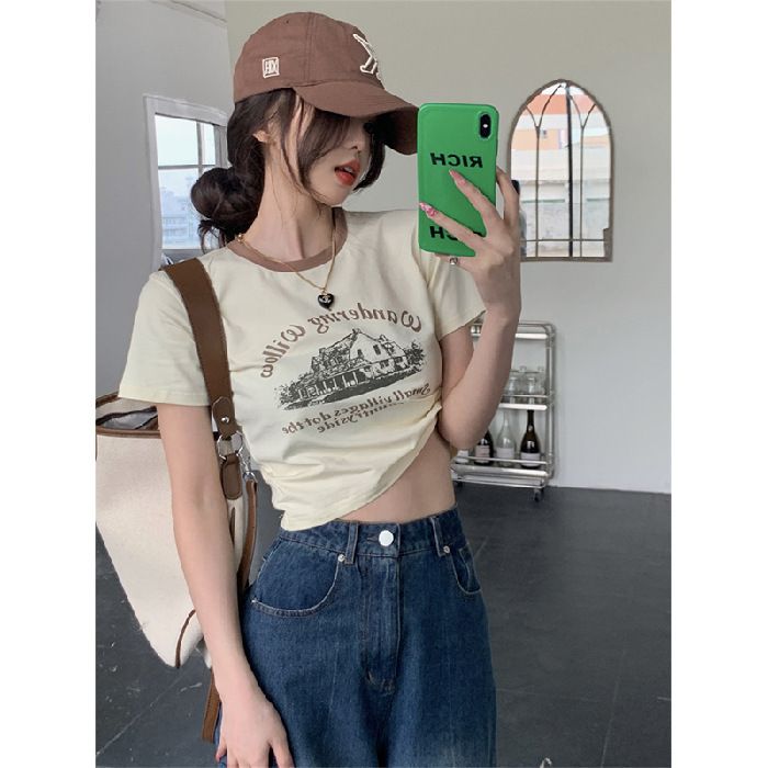 美式復古印花短袖T恤女撞色圓領夏季短款