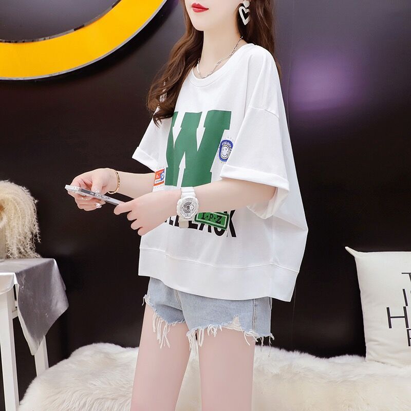 Quality/Loop-locking cotton/Rear collar/Loose short design short-sleeved T-shirt for women