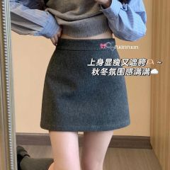 原版毛呢質量+安全褲韓系穿搭毛呢半身裙女高腰A字裙