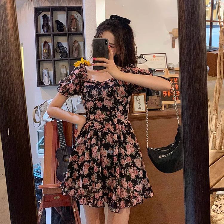 Chiffon Pure Sex Rose New Dark Floral Dress Square Collar Puff Sleeve Pure Sex Sex