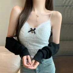 ~黑色蕾絲小吊帶性感內搭背心打底上衣外穿帶胸墊女