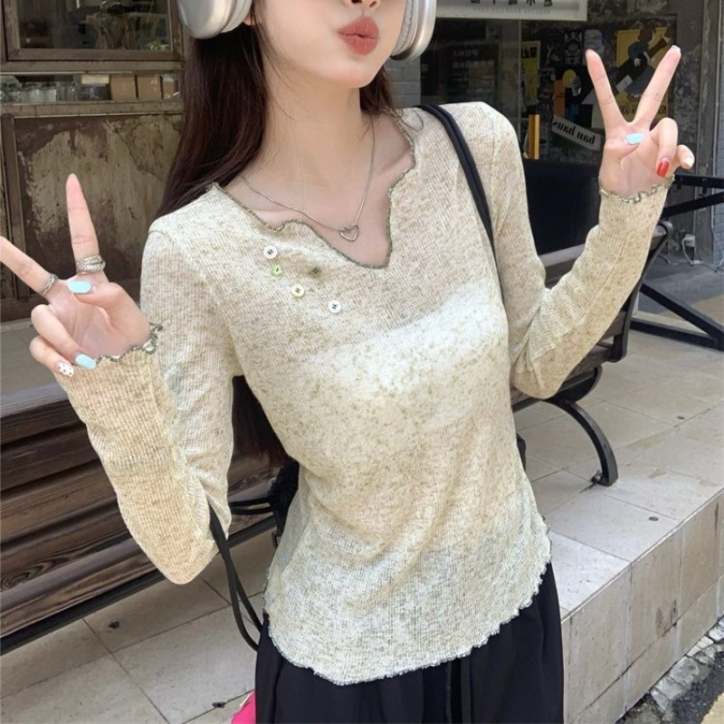 小眾正肩V領防曬罩衫長袖T恤女秋季新款復古顯瘦百搭純欲辣妹上衣