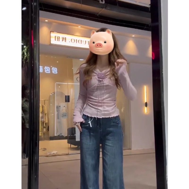設計感立體花朵上衣女修身款別致小衫秋冬季新款小眾打底衫女