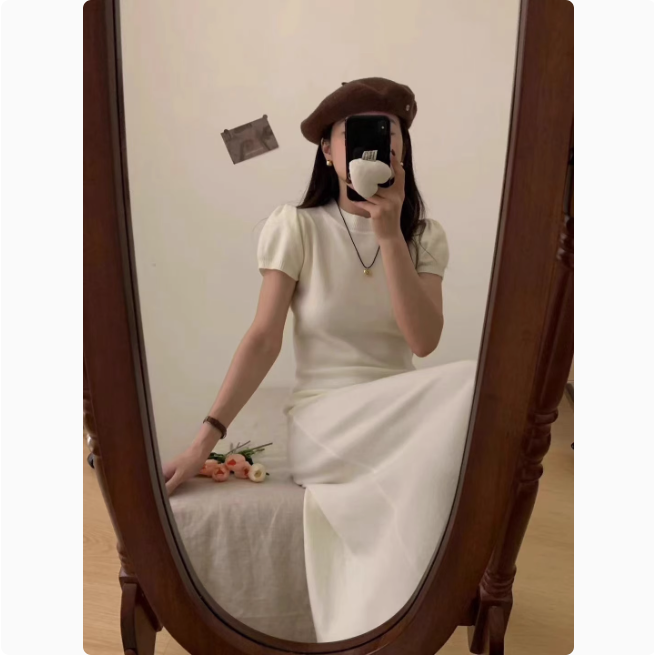 Ayuan custom-made fashionable round neck pullover short-sleeved knitted dress for women in autumn Korean style waist-hugging mid-length skirt