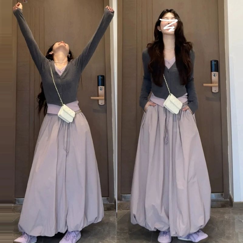 春秋季2025新款女裝高級感穿搭套裝灰色長袖上衣紫色長裙兩件套