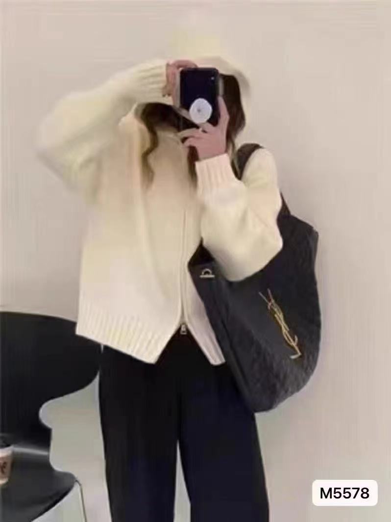 2025 spring new ins trendy double zipper pure color literary sweater for women Korean, Japanese, European and American simple method knitted T