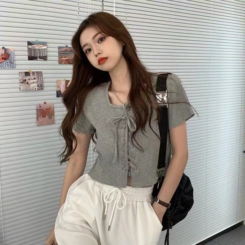 法式復古方領短袖t恤女設計感小眾修身高腰露臍短款鎖骨上衣ins潮