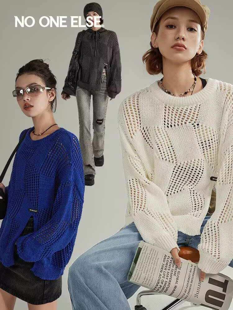 Crochet Hollow Knit Sweater for Women 2025 Spring and Autumn New Product Solid Color Round Collar Slit Long Sleeve Top