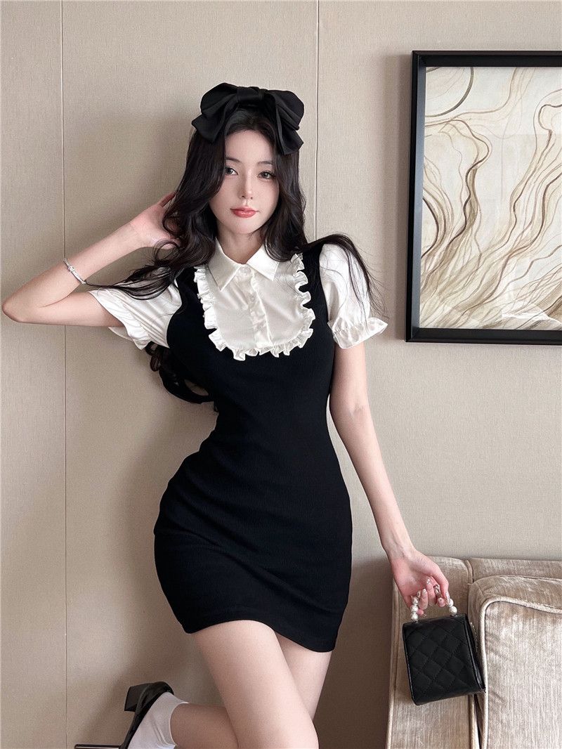 Pure desire style fake two-piece short skirt for women with hips and new style sweet hot girl waist-hugging and slim shirt dress