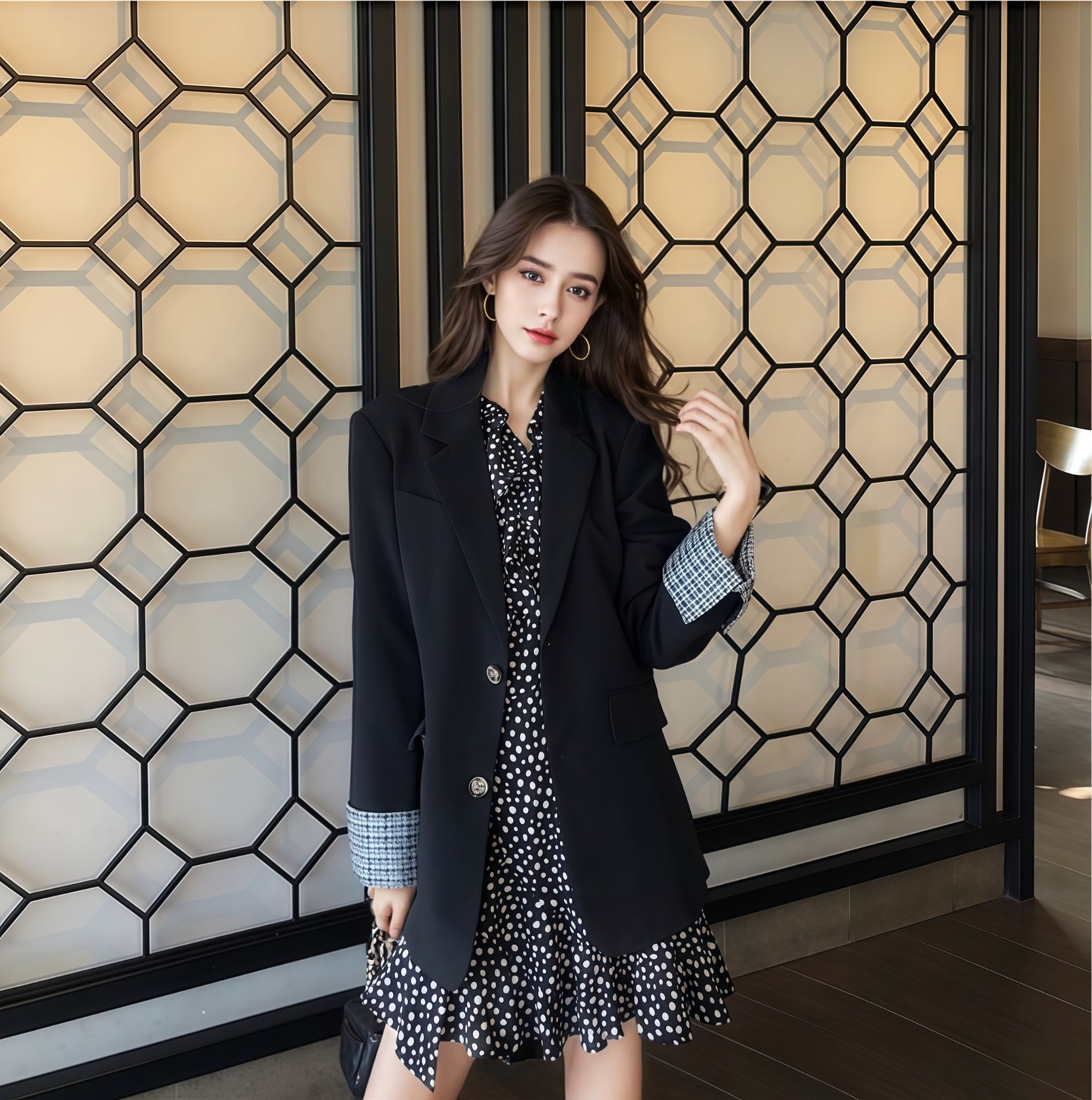 Black skirt casual new style small long sleeve v-neck short retro floral chiffon dress for women spring and autumn