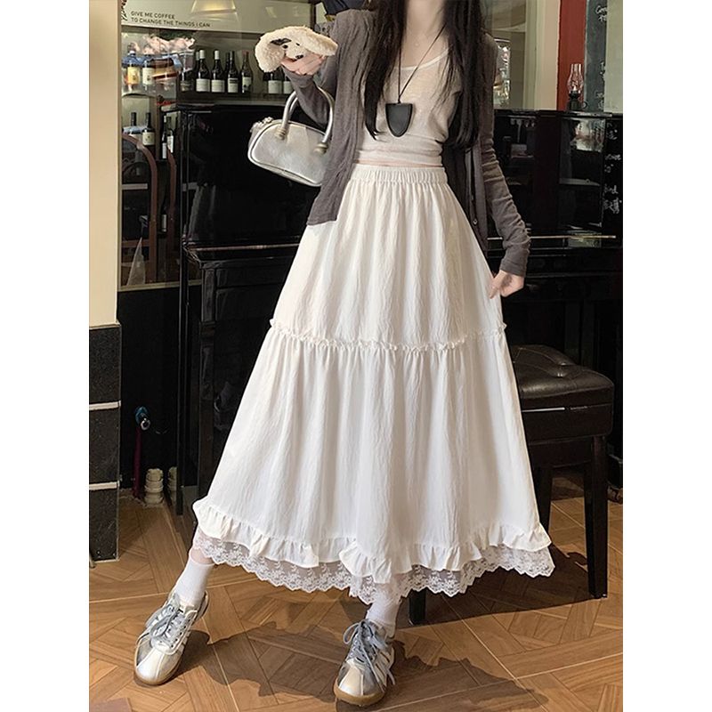 White lace skirt for women in spring and summer 2025 new small high-waisted A-line large umbrella skirt midi skirt